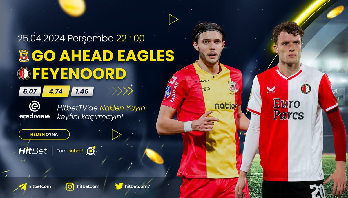 #GoAheadEagles ⚜ #Feyenoord karşılaşması #Eredivisie heyecanı ile bu akşam saat 22:00'da #Hitbet'te!

🌐Güncel Giriş : h.t2m.io/Hitbet-Twitter

📺 Maç Yayınları  : h.t2m.io/HitbetTV

🎯#Hitbet #Tamisabet
