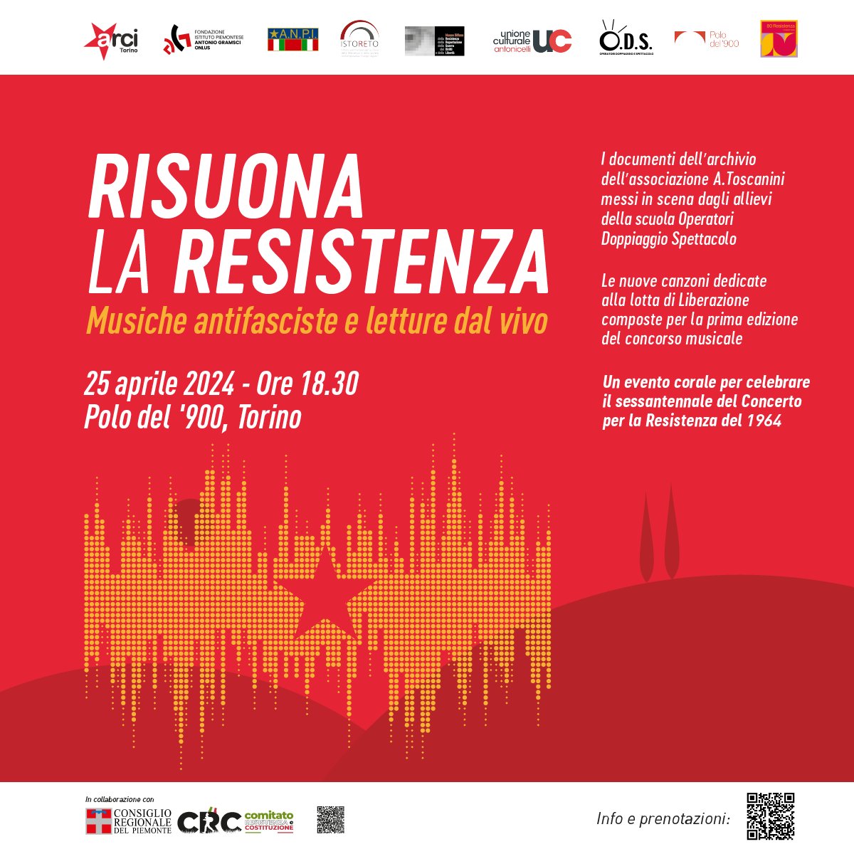 Buon 25 aprile! Tra gli altri appuntamenti di questi giorni vi aspettiamo oggi alle 1830 per "Risuona la Resistenza" (da un concerto del 1964 prendono vita nuove composizioni antifasciste) a <a href="/ilPolodel900/">ilpolodel900</a> con <a href="/ARCItorino/">Arci Torino</a> e <a href="/GramsciTorino/">Gramsci Torino</a> e tanti altri partner!