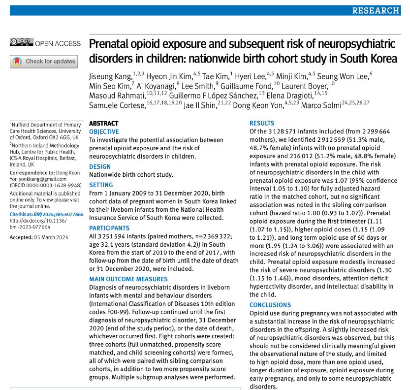 In BMJ (@bmj_latest), led by Jiseung Kang and @solmi_marco We found that #opioid use during #pregnancy modestly increased the risk of severe #neuropsychiatric disorders [1.30 (1.15 to 1.46)], #mood disorders, #ADHD, and #intellectual disability bmj.com/content/385/bm…