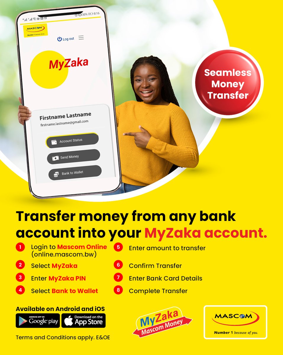 Effortless transfers, endless possibilities! Access your MyZaka account with Mascom Online and easily transfer funds from any bank card. Elevate your banking experience today! #Number1BecauseOfYou #MyZaka