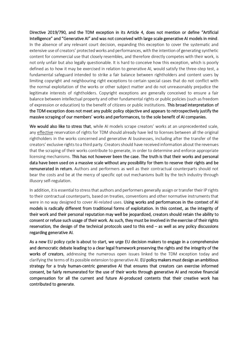 We, 13 authors’, performers’ and creative workers’ organisations, call for an effective implementation of the #AIAct in order to preserve fundamental rights, safeguard transparency, and enable authors and performers to exercise their rights. ➡️ Read: bit.ly/4bcAFuW [1/4]