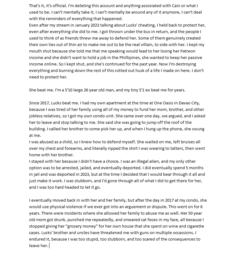 cain_sins's tweet photo. TW// domestic abuse, cheating, self-harm

I'm sorry, but this'll be it for Cain. I'll survive and move on, but I need to remove this from my brain and let go. I don't owe Lucks/LewdLux/Lewdluxu anything anymore, her privacy does not trump my mental health. I need to recover. https://t.co/U3OMLChPVT