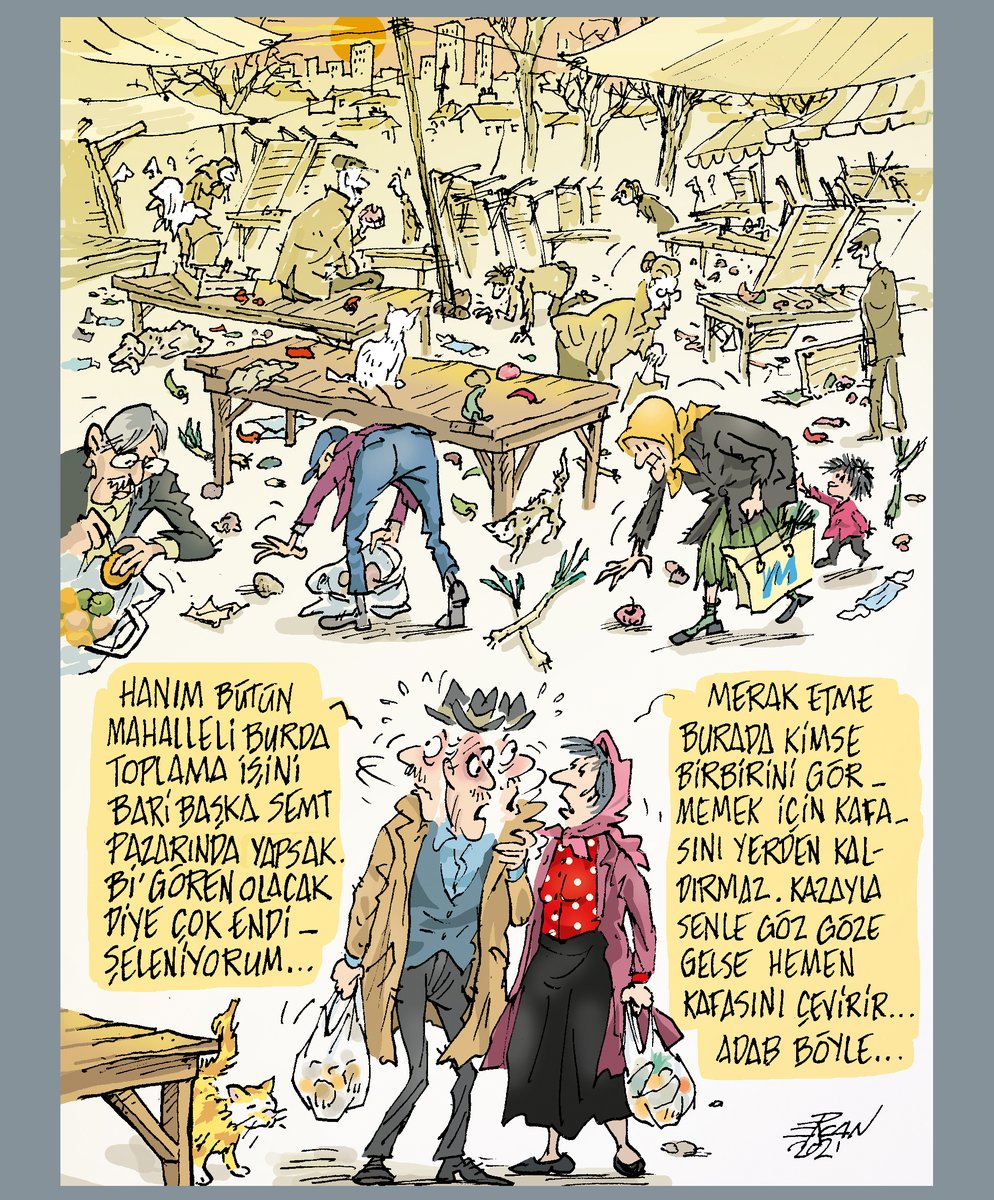 Bu karikatürü yoksulların pazar bitimlerinde artık sebze ve meyveleri toplamalarının görsel medyada sık sık haber olması nedeniyle 3 yıl önce çizmiştim. Üç yıl öncesine kadar halkın bir bölümü yoksuldu, bugün tümü yoksul.