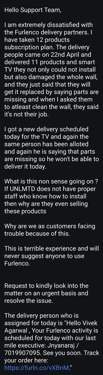 vivekagarwal191's tweet photo. @FURLENCO @FurlencoSupport @Furlenco5 One of the most horrible service company I have even used. Don't know how is Furlenco doing business. I will never suggest to use Furlenco. https://t.co/3sbbiKJXLb