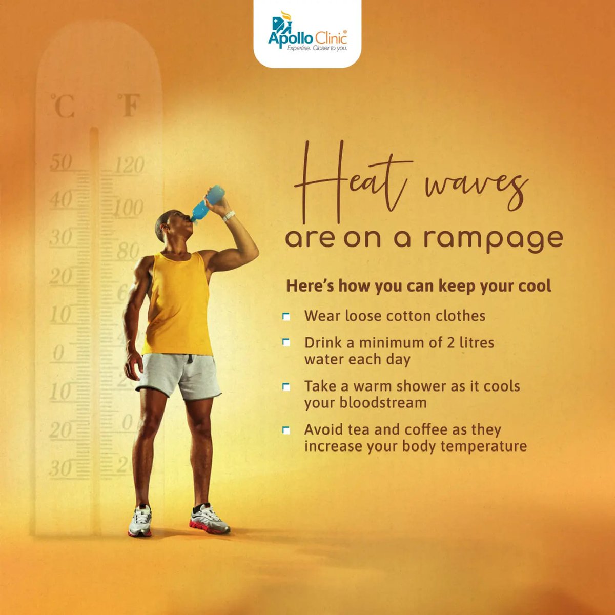 Extreme heat can take a toll on even the best of us. We must be extra cautious to take care of our health during summer. For more information reach out to our experts at 033 40365500 

#apollokolkata #HeatwaveIndia #stayhydrated #drinkwater #fithealthyforlife #climatechangeisreal