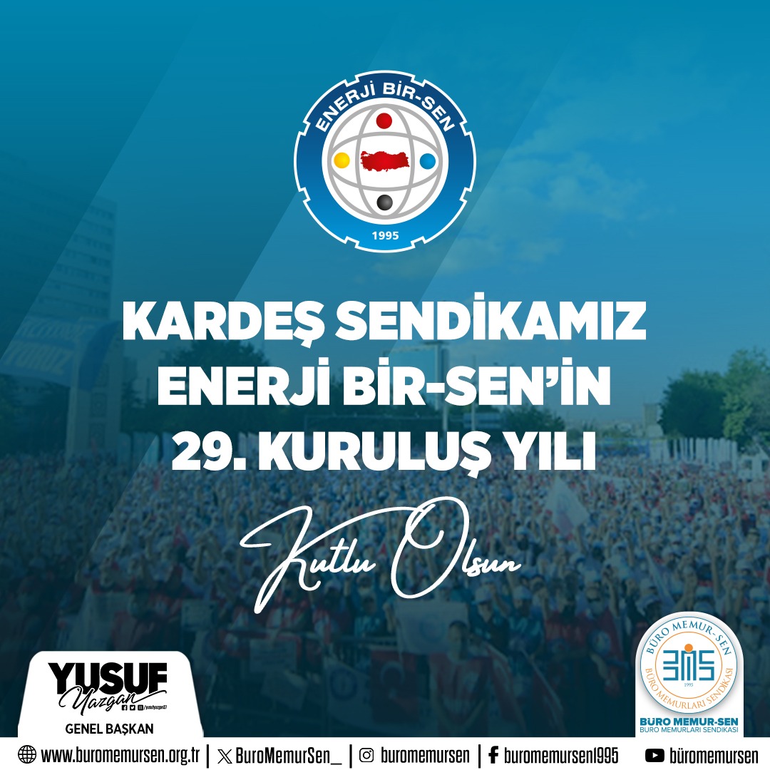 Konfederasyonumuzun öncü sendikalarından Enerji, Sanayi ve Madencilik Hizmet Kolunun Yetkili Sendikası @Enerji1sen 'imizin kuruluşunun 29. yıl dönümünü kutluyoruz. Genel Başkan @HBTONBUL ve Enerji Bir - Sen teşkilatına nice yıllar diliyoruz.