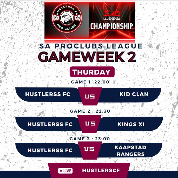 HUSTLERSS FC (@hustlerssfc) on Twitter photo Game week 2 back tonight <a href="/SAProClub/">SA Pro Club League</a>
Follow us on all our pages
TikTok : tiktok.com/@hustlerscf?_t…
YouTube : youtube.com/@HustlerssFc?s… Game week 2 back tonight <a href="/SAProClub/">SA Pro Club League</a>
Follow us on all our pages
TikTok : tiktok.com/@hustlerscf?_t…
YouTube : youtube.com/@HustlerssFc?s…