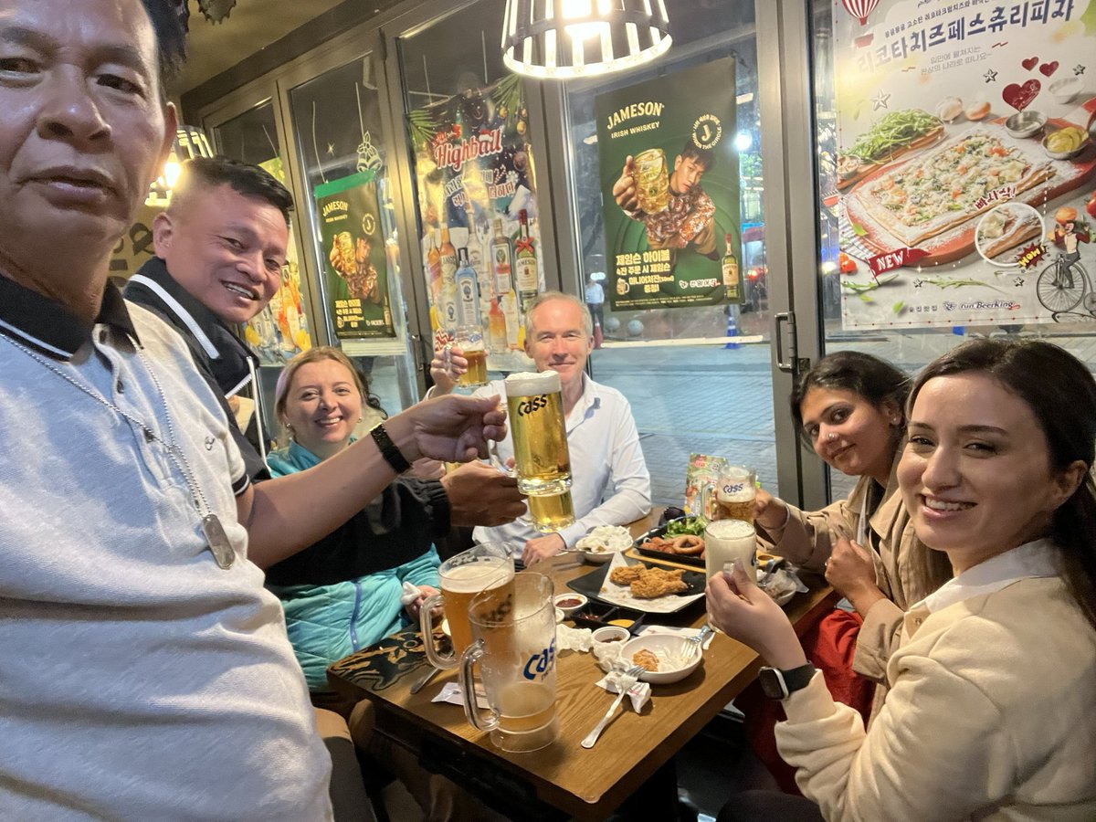 Beer drinkers of the world unite. With colleagues from (left to right) Cambodia, Vietnam, Turkey, India, and Azerbaijan during an extracurricular session of the World Journalists Conference in South Korea.