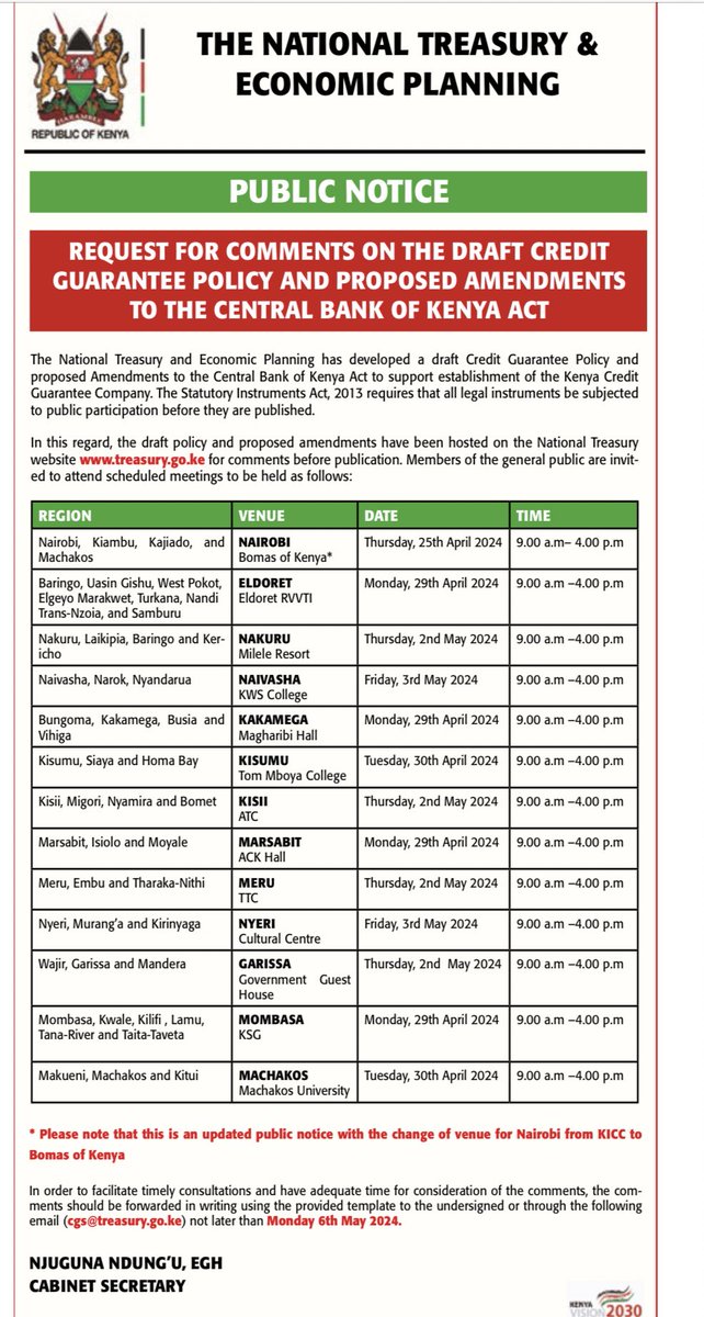 Happening now …at @Bomasofkenya , Regional gathering of stakeholders from Nairobi, Kajiado & Machakos to submit views on of on the Draft Guarantee Policy and proposed amendments to the Central Bank of Kenya Act . See below for details: @CapitalFMKenya