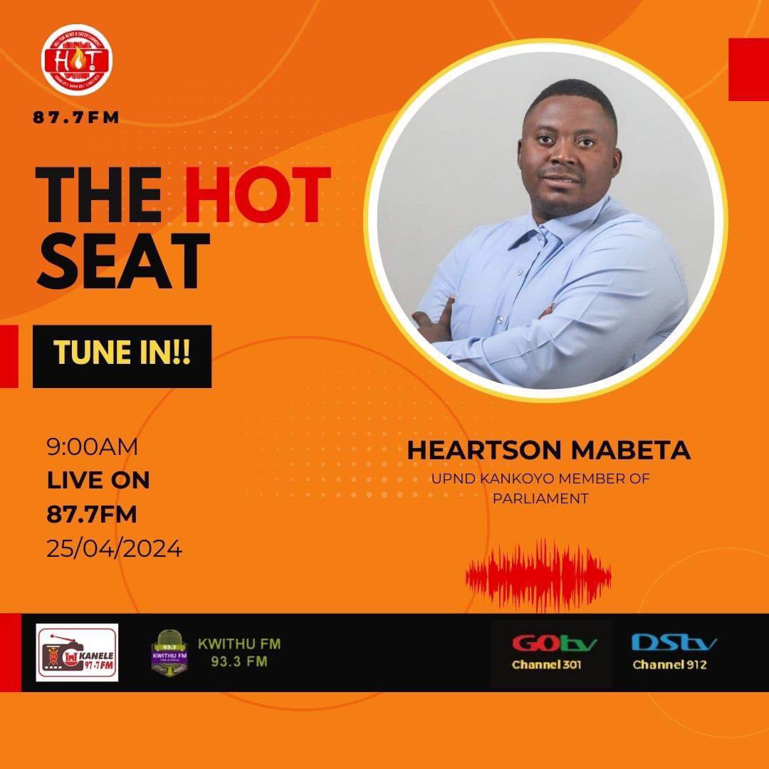 THE HOT SEAT On the #HotSeat today, we will be speaking to UPND Kankoyo Member of Parliament, Heartson Mabeta from 09:00Hrs. #NumberOneForNewsandEntertainment #HotSeat #Hotat19_24