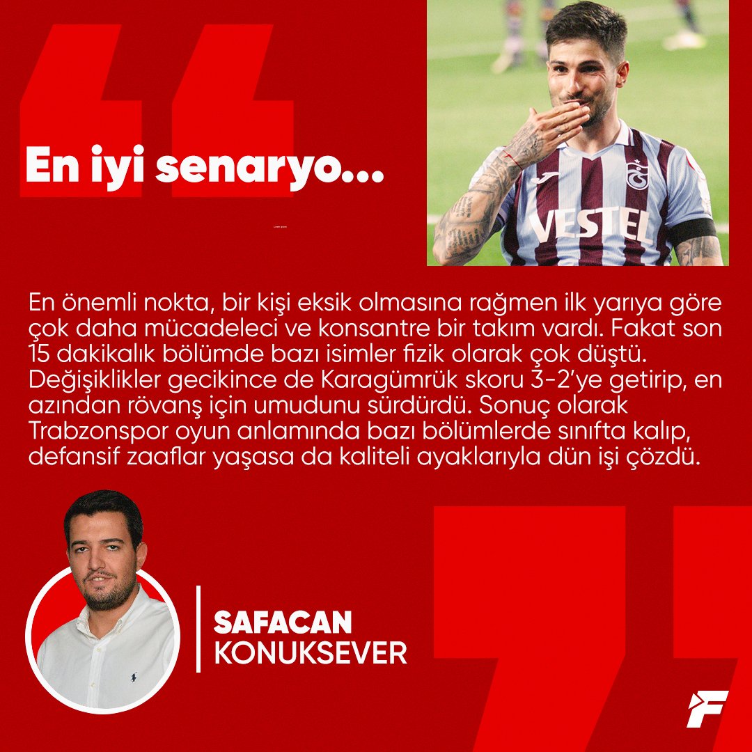 ✍️ @SafacanK: Trabzonspor oyun anlamında bazı bölümlerde sınıfta kalıp, defansif zaaflar yaşasa da kaliteli ayaklarıyla dün işi çözdü. bit.ly/4bt1Cuv