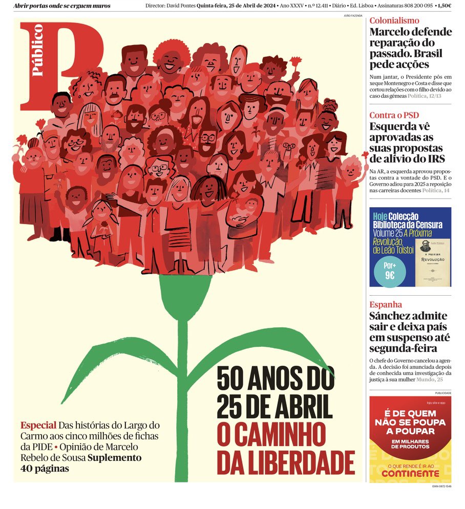 Oggi festeggia il #25aprile2024 anche il Portogallo. 50 anni fa la Rivoluzione dei garofani faceva cadere la dittatura. Bella la prima pagina di @Publico con la corolla del garofano piena di gente festante. #25Abril #25AbrilSempre