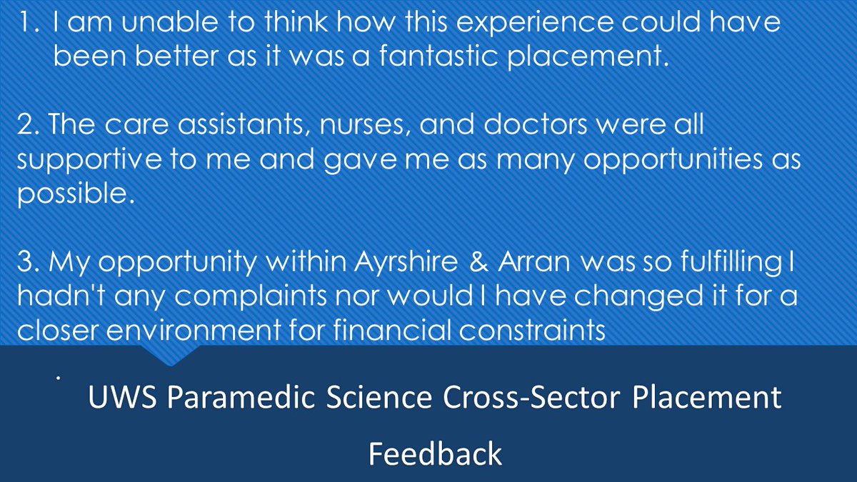 Recent feedback from @UWSParamedic students highlights the fab opportunities facilitated by our #NMAHP workforce 👇Thank you to everyone involved @Kerryahpaa @Alistair_ahp @Jennypenny2006 @scottalexmac We use feedback to celebrate what is going well & what could be even better