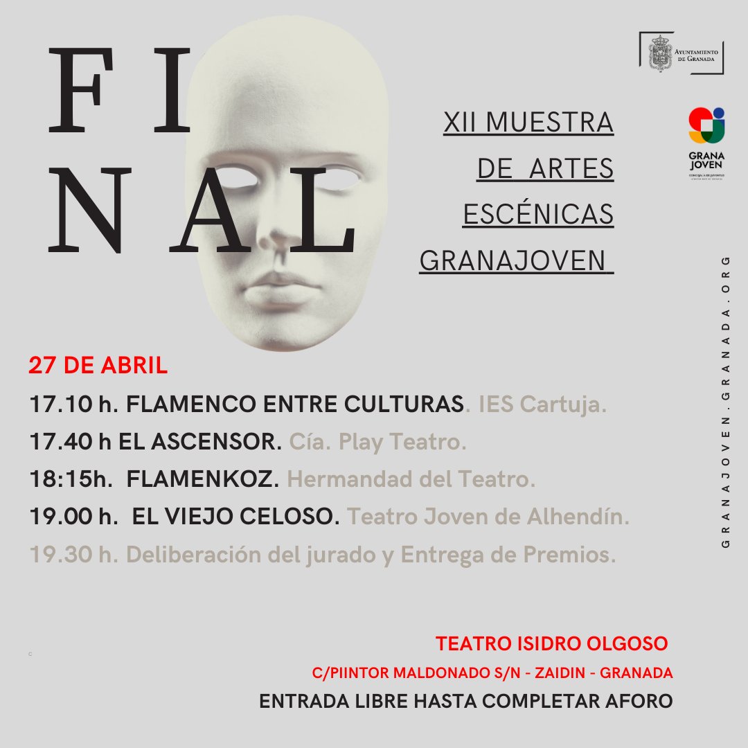 Apunta!! entrada libre- cultura joven - talento joven - entusiasmo - arte - ilusión....si quieres pasar una tarde de sábado con contenido, te esperamos en el Teatro Isidro Olgoso para ver la primera final de la Muestra de Artes Escénicas Granajoven. #granajoven #artesescenicas