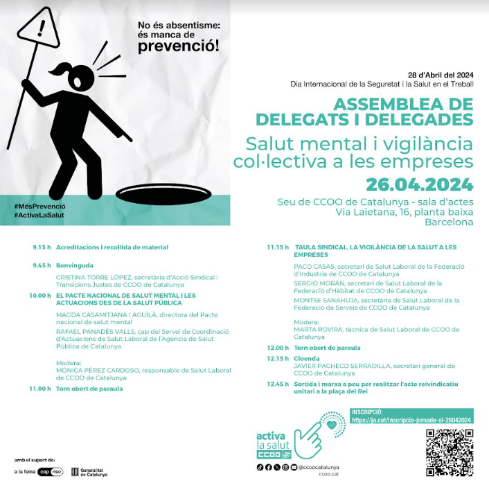 ccoocatalunya's tweet photo. 📆 Jornada 26 d'abril sobre Salut Mental i Vigilància col•lectiva a les empreses a BCN!
❗Sala d'actes a les 9:15 h.
✍️ Inscriu-te: https://t.co/NaZ6l6xt9g

👉 Després concentració Plaça del Rei per reivindicar #MésPrevenció - Dia Mundial de la Seguretat i la Salut Laboral. https://t.co/QQm98mSRnE
