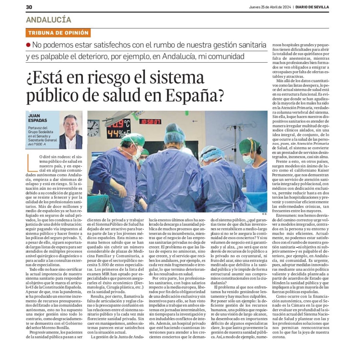 Nuestra sanidad pública, en especial en las CCAA gobernadas por el PP como Andalucía, está en riesgo. Moreno Bonilla es el paradigma: A más presupuesto, peor servicio, que acaba convirtiendo a los pacientes en clientes de los seguros privados. Trabajemos por un acuerdo de