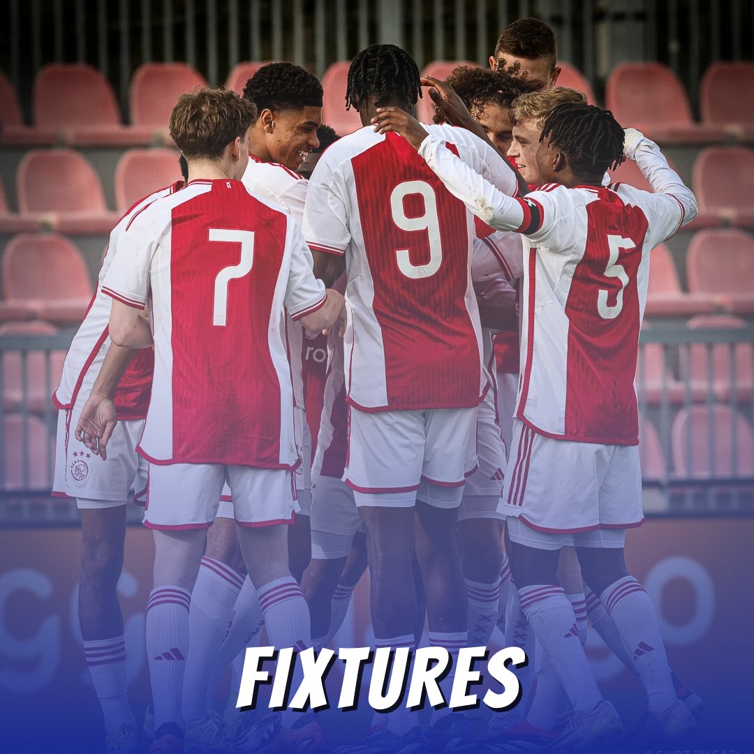 The fixtures for the upcoming week! 🗓️

𝙁𝙞𝙭𝙩𝙪𝙧𝙚𝙨 • 26 APR
Feyenoord U18 v Ajax U18
Sparta R’dam U15 v Ajax U15

𝙁𝙞𝙭𝙩𝙪𝙧𝙚𝙨 • 04 MAY
Ajax U18 v FC Utrecht U18
FC Utrecht U17 v Ajax U17
NAC Breda U14 v Ajax U14
Ajax U13-2 v PSV U13-1

#AjaxYouth #Ajax