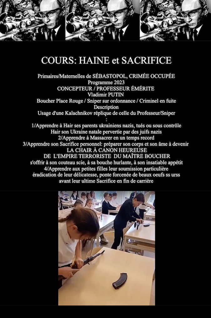 le Boucher Putin prépare la Chair à Canon nécessaire à son extermination en cours, apprend aux filles et garçons en classe, la Haine et leur Sacrifice à sa gloire 
en Crimée occupée: urgence absolue pour lui qui jette les corps à la volée pour épuiser les munitions ukrainiennes!