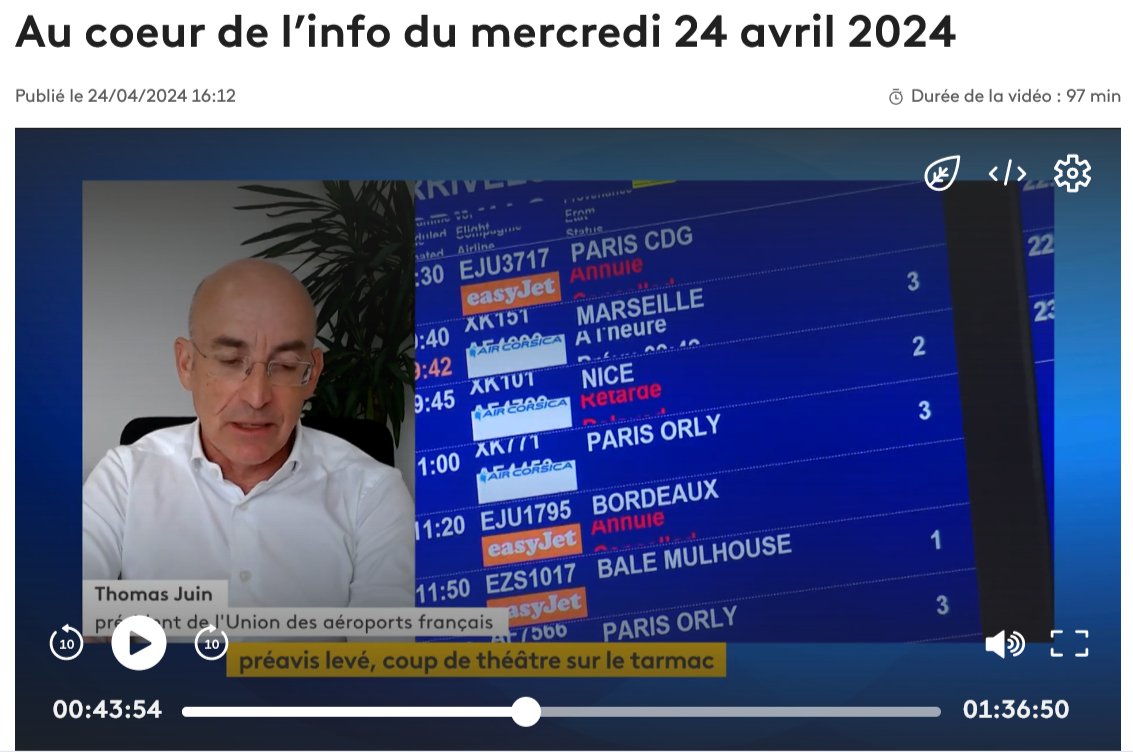 Thomas Juin a été interviewé sur France info TV, mercredi 24 avril, suite à la levée du préavis de grève par le syndicat majoritaire des contrôleurs aériens hier après-midi (à partir de la minute 40) 👉francetvinfo.fr/replay-jt/fran…