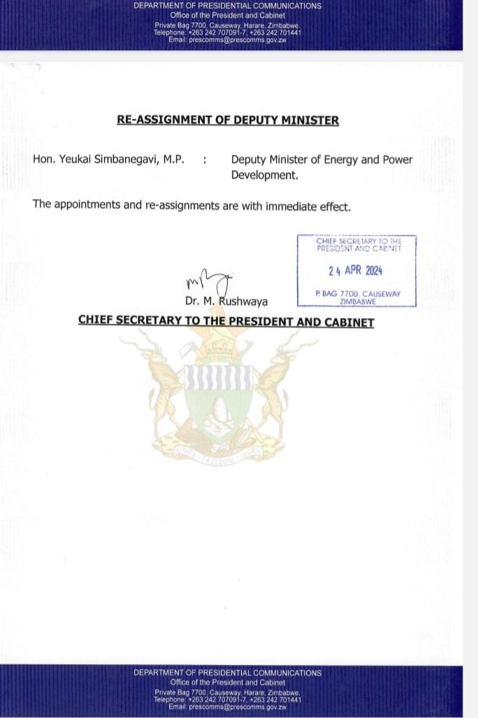 Re- assignment of Ministers and appointment of Deputy Ministers by His Excellency President @edmnangagwa. Find the Press Statement attached below.@cohsunshinecity @harareresidents @RuwaBoard @Epworthlb @chitungwizamun @infominzw