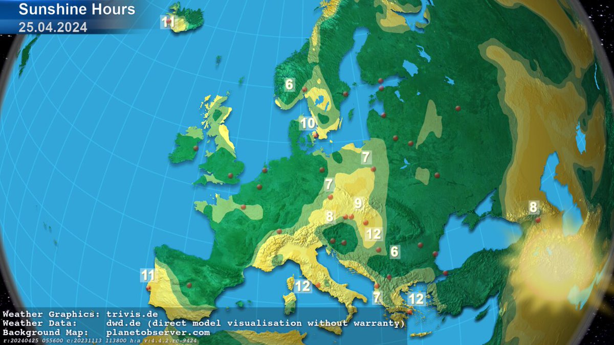 Sunshine over #Europe! The DWD ICON #weather data provide this #spring #sunshine distribution for Europe for today. Values can reach up to 12 hours at #VaticanCity for example. Stay safe and have a sunny day.