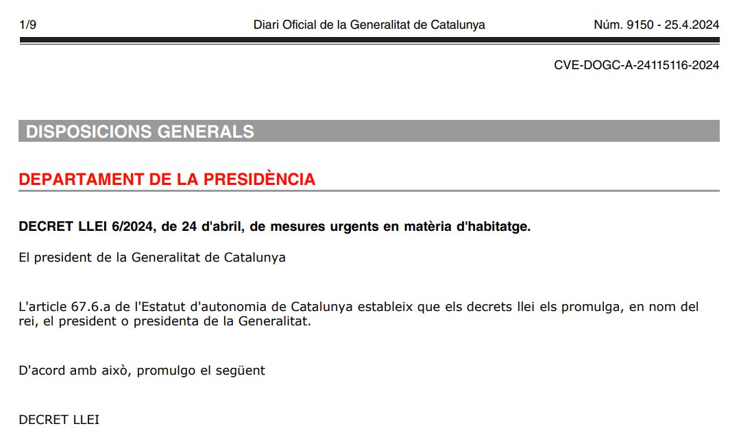 ☀️ Avui al DOGC trobareu publicat el Decret Llei aprovat ahir, i que demà entra en vigor:
🗓️ Regulació del lloguer temporal
🚪 Topall de preus al lloguer d'habitacions
💶 Sancions de fins a 900.000€

I aquí trobareu com seguir-ho fent possible: sindicatdellogateres.org/abaixem-els-ll…