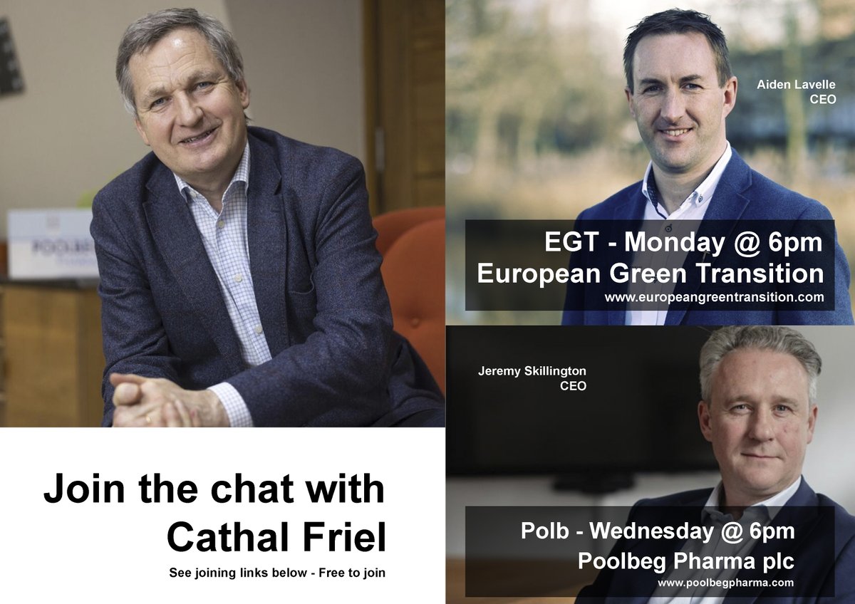 Join the chat - Don't miss out.

European Green Transition - Monday 29th April 2024 @ 6pm
stream.brrmedia.co.uk/broadcast/6629…

Poolbeg Pharma plc - Wednesday 1st May 2024 @ 6pm
stream.brrmedia.co.uk/broadcast/6629…

Sign up and pre-submit questions

<a href="/EuropeanGreenT/">European Green Transition</a> <a href="/PoolbegPharma/">Poolbeg Pharma</a> <a href="/hVIVO_UK/">hVIVO</a>