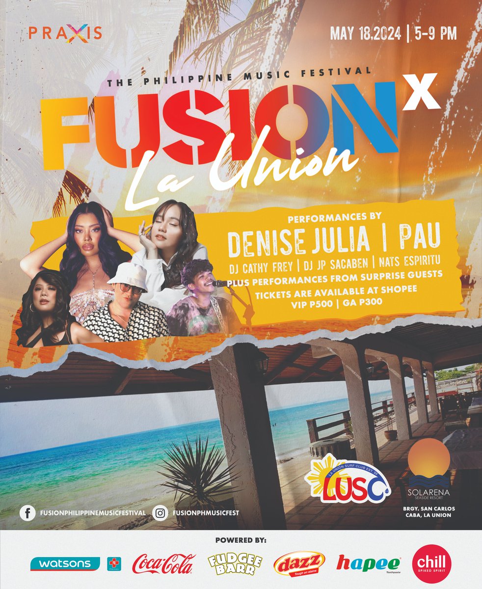 Vibe seaside as Fusion hits La Union! 📷 Join Denise Julia, Pauline Anne, DJ Cathy Frey, DJ JP Sacaben, Nats Espiritu, and performances from surprise guests for an epic jam session on May 18, 2024, from 5-9pm at Solarena Seaside Resort!     

#FusionXLaUnion2024
