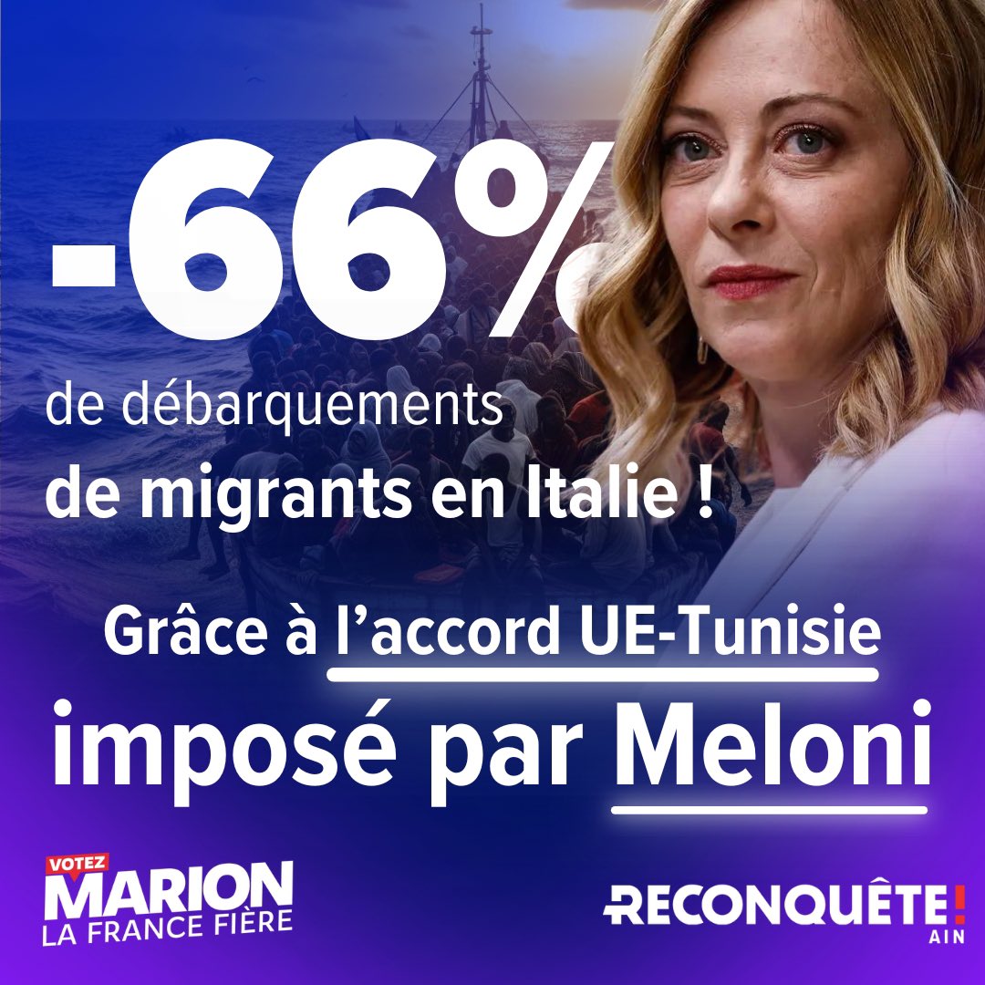 La submersion migratoire de l’Europe n’est pas une fatalité !

Avec Georgia Meloni et le groupe ECR au Parlement européen, nous mettrons fin à la tyrannie bruxelloise qui veut toujours plus d’immigration !

Le 9 juin, le vote utile et nécessaire c’est Marion ! 💪🇫🇷

#VotezMarion