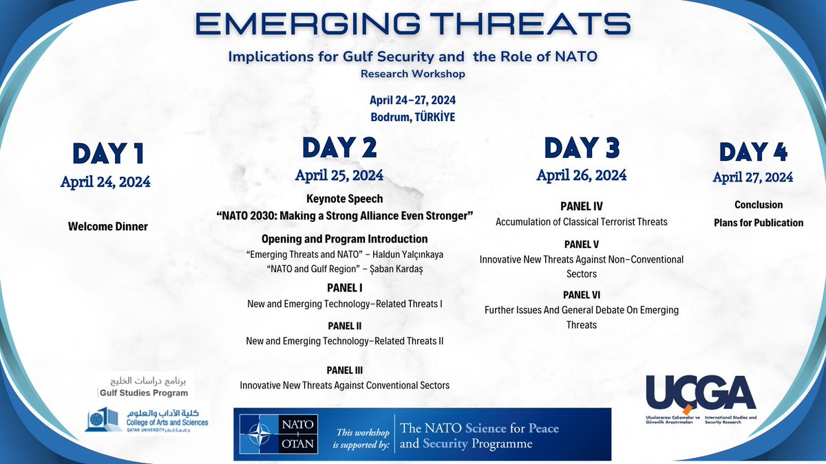 ucga_issr's tweet photo. The Advanced Research Workshop on "Emerging Threats: Implications for #Gulf Security and the Role of @NATO " supported by @NATO_SPS starts today with the keynote speech by @TacanILDEM.

#ISSR https://t.co/MCpqqQpiTM