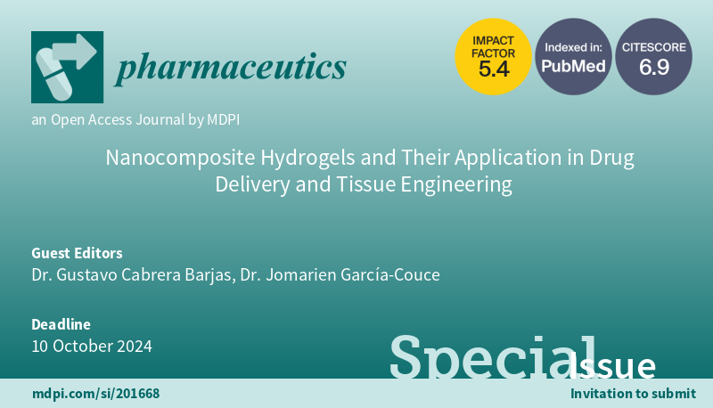 MDPIpharma's tweet photo. #MDPIPharmaceutics
Special Issue "Nanocomposite Hydrogels and Their Application in Drug Delivery and Tissue Engineering" is open for submissions.
 
Edited by: Dr. Gustavo Cabrera Barjas and Dr. Jomarien García-Couce
 
Read more at: https://t.co/TBmFtijBik https://t.co/i0MqAiPtq6