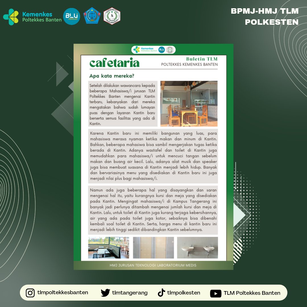 tlmtangerang's tweet photo. 👋🏻HALO SOBAT TLM POLKESTEN
Kantin baru di Poltekkes Kemenkes Banten Kampus Tangerang ini sudah mulai beroperasi pada Selasa, 30 Januari 2024. Kantin baru ini menyediakan jenis makanan dan minuman yang lebih bervariasi dari pada kantin yang sebelumnya. https://t.co/K5VA4zyee5