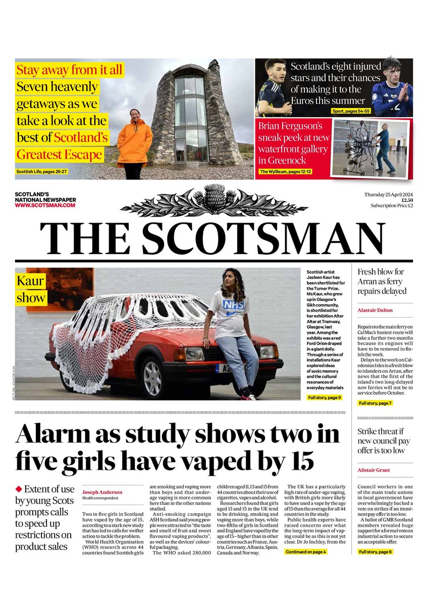 Happy to see my pic of Jasleen Kaur on the front of today's @TheScotsman #TurnerPrize