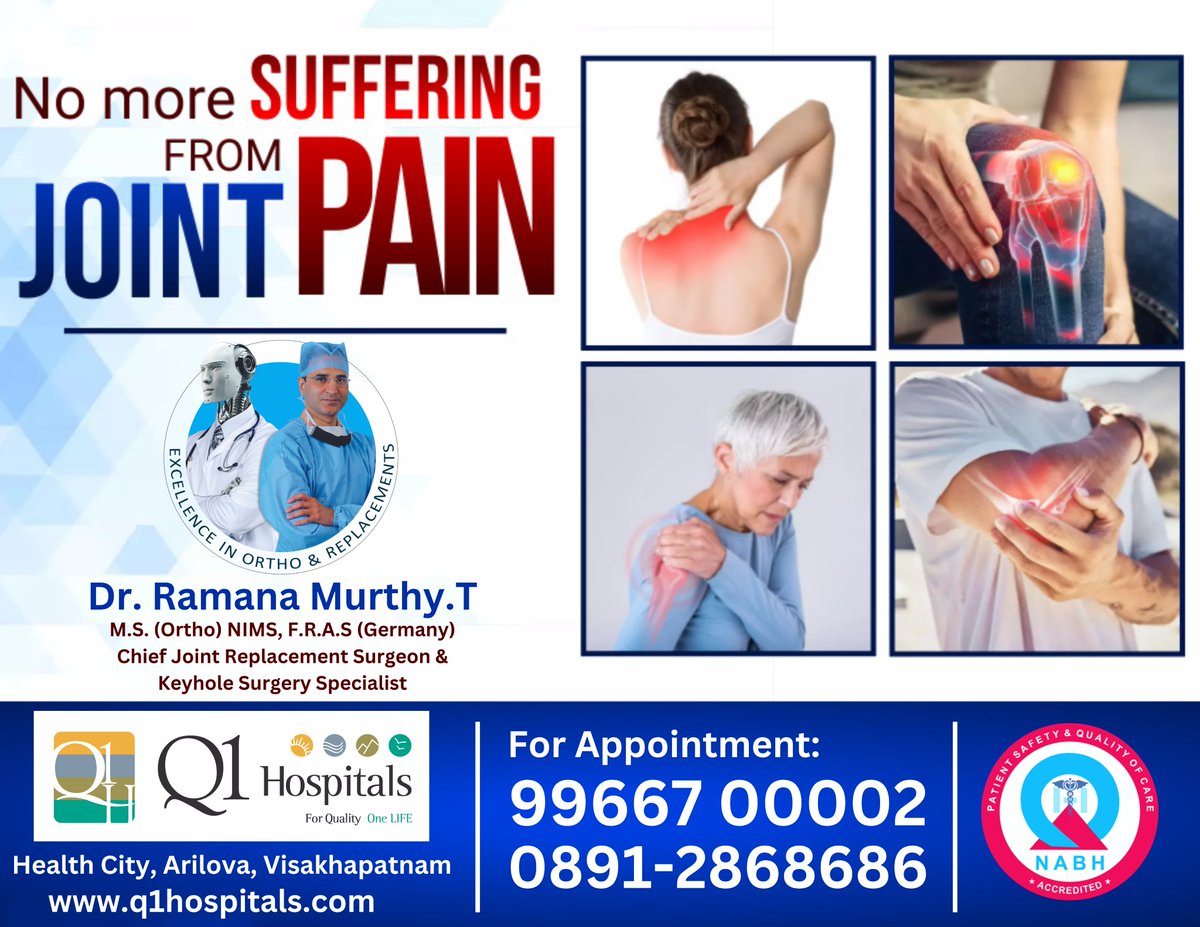 Suffering from Joint pain?
Dr. Ramana Murthy T
M.S. (Ortho) NIMS, F.R.A.S. (Germany).
Chief Robotic Joint Replacement Surgeon
For Appointment:
99667 00002
0891-2868686
#KneeReplacement #PainRelief #JointHealth #FreedomOfMovement #q1hospital #Q1hospital #Bestorthopedic #bestortho