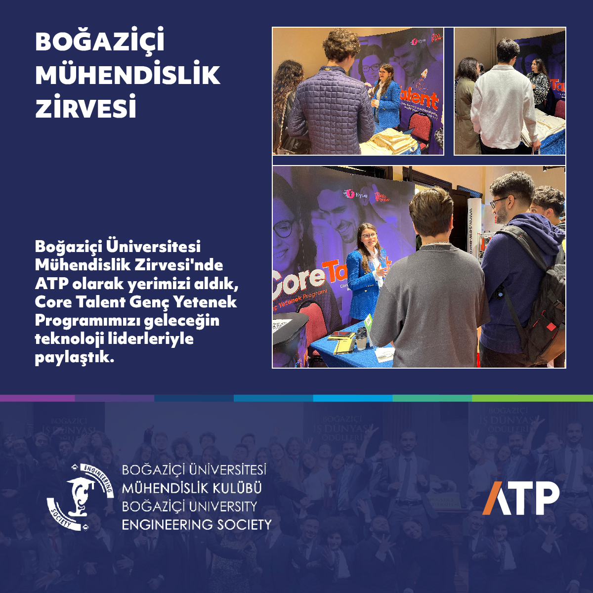 ATP_Tech's tweet photo. Boğaziçi Üniversitesi Mühendislik Zirvesi'nde ATP olarak yerimizi aldık, Core Talent Genç Yetenek Programımızı geleceğin teknoloji liderleriyle paylaştık. 🧡🚀
Sende programımızda yer almak, geleceğe yön vermek istersen başvurunu heyecanla bekliyoruz.
#atp #atatp #ik #coretalent https://t.co/wpRdCa7GdQ