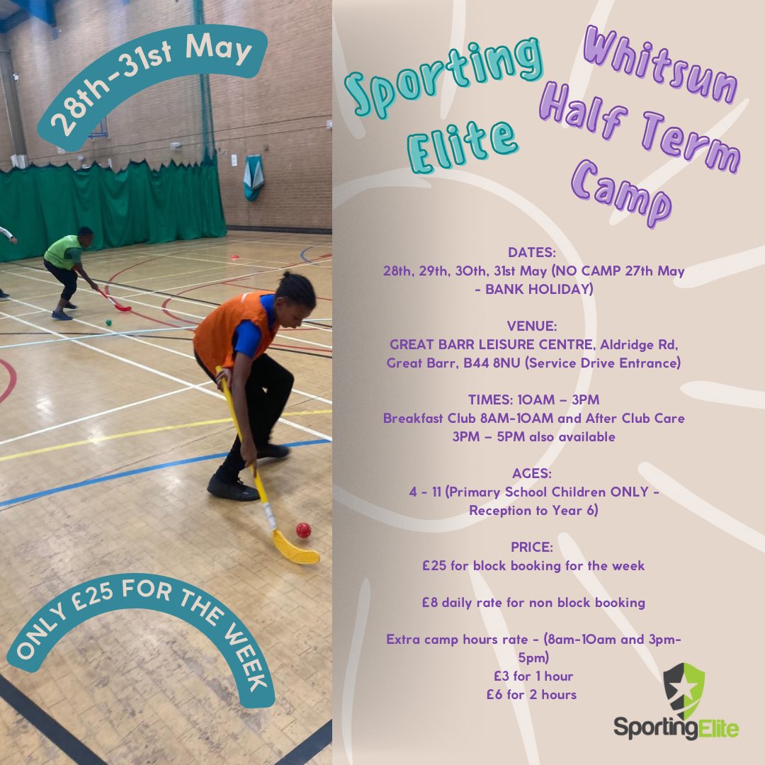Come and join us for our Whitsun Half Term Camp!!!

Spaces are limited!! Sign up now to avoid missing out! 😁💚

Use the link below to sign up!

forms.gle/LGzwb4pXc1CdhQ…

#sportingelite #morethanjustagame #halfterm