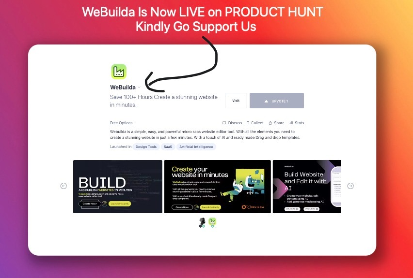 We are live on #ProductHunt Your support really means the world to us and we’d love for you to be a part of it by giving us an upvote, leaving a comment.

Support our LAUNCH here 🚀 : producthunt.com/posts/webuilda.

#buildinpublic #startups #saas #saastool #websitebuilder