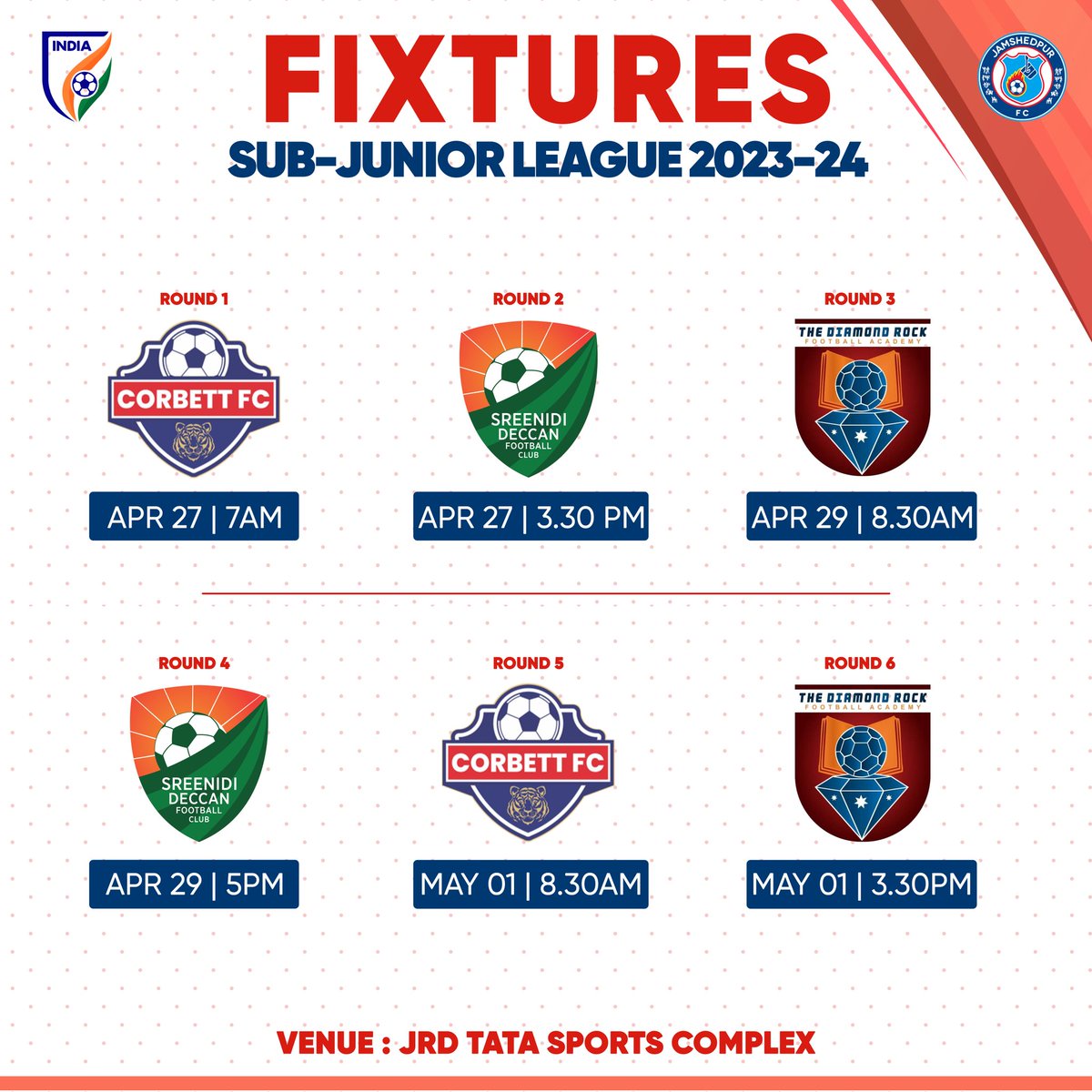 🚨 FIXTURE ANNOUNCEMENT 🚨 Mark your 🗓️ to witness Jamshedpur FC Sub-Junior team in action as the AIFF Sub-Junior League fixtures are out. 💪🏼 #JamKeKhelo #grassroots #grassrootsfootball #football #indianfootball