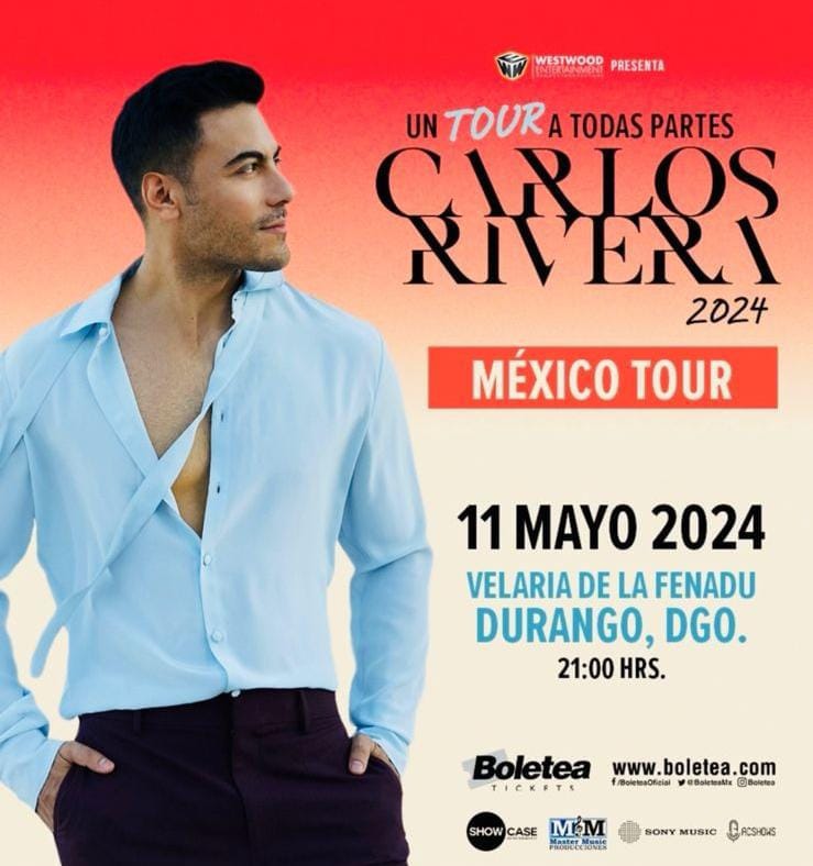 #UnTourATodasPartes llega a Durango próximo 11 de Mayo a la Velaria 🩷 no te lo podes perder! @CR_ClubPorTi @porti_argentina @_CarlosRivera @mikenoriega @SonyMusicArg @WestWoodEntt @westwoodfans