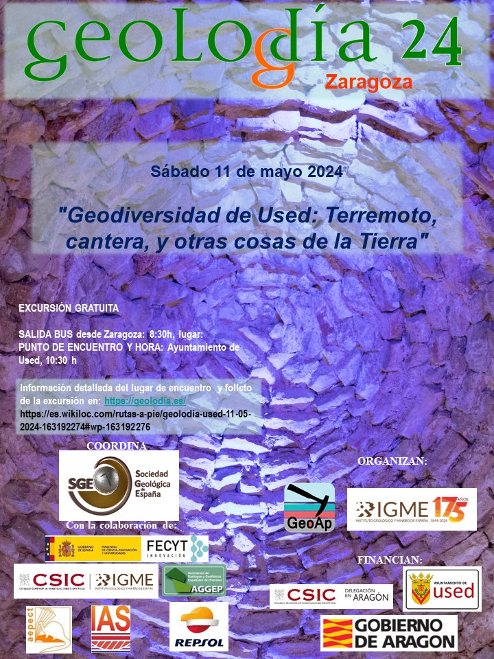 El 11 de mayo celebramos el Geolodía 2024 con una excursión a Used. Conocerás su geodiversidad, la historia de su último gran terremoto, la cantera y otras cosas de la Tierra. ☑️Más info: geolodia.es/geolodia-2024/… ¡Te esperamos! @IGME1849 @sgeologica @GobAragon @FECYT_Ciencia