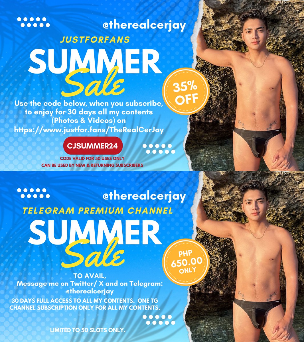 SUMMER SALE ALERT! See photos for more information. To avail via JFF, go to: justfor.fans/TheRealCerJay?… To avail via TG, message me on X or TG: @therealcerjay [My JFF and TG have the same number of contents, just choose where to subscribe]