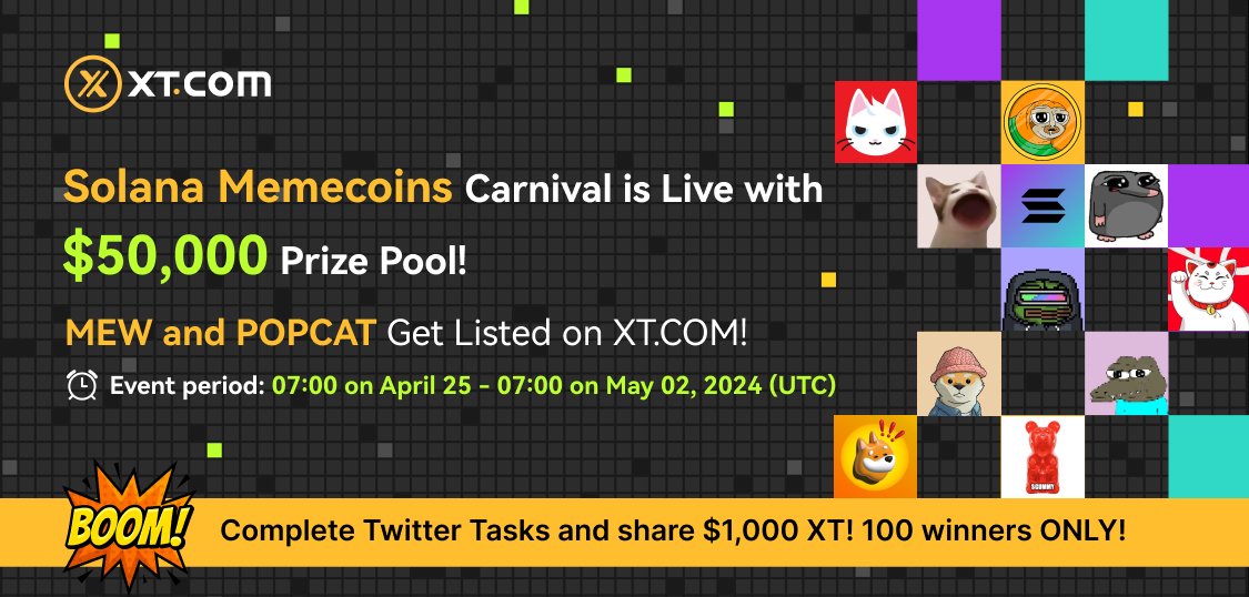 🚀#MEW (cat in a dogs world) and #POPCAT (Popcat) will be listed on XT.COM.🚀 @mewsworld @popcatsolana #XT #XTListing 🔥Twitter Special #Airdrop: $1,000 XT for 100 Winners ONLY! 👉Fill the form: forms.gle/Kjs9G2ttEwr3ov… ⏰MEW/USDT Trading: 07:00 on April 25,…