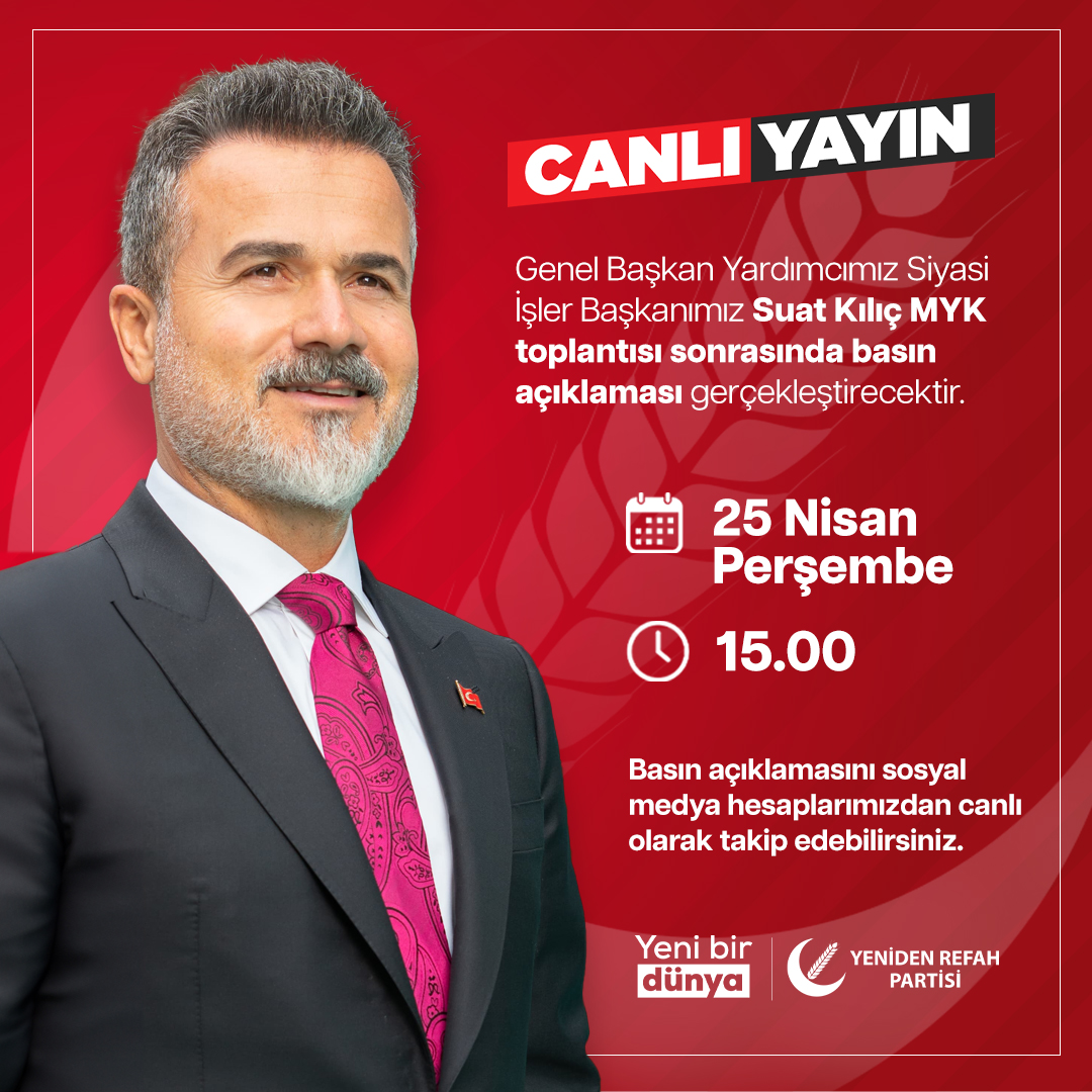 Genel Başkan Yardımcımız Siyasi İşler Başkanımız Suat Kılıç MYK toplantısı sonrasında basın açıklaması gerçekleştirecektir. 📅 25 Nisan Perşembe (Bugün) 🕐 15.00 📡 Tüm Sosyal Medya Hesaplarımızdan Canlı Yayını Takip Edebilirsiniz.