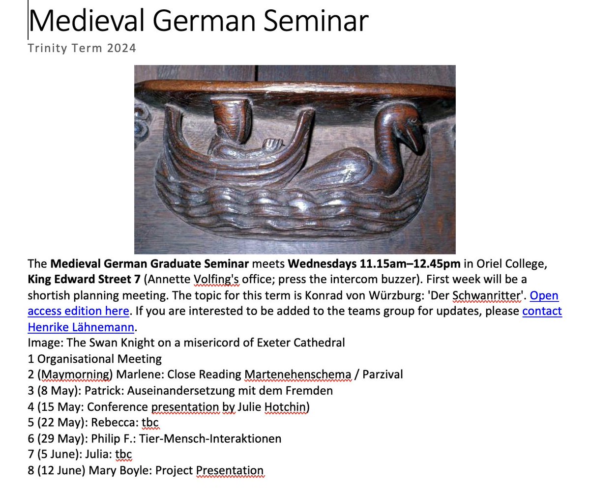 new term, new text: in Trinity 2024, we are going on a journey with the Schwanritter by Konrad von Würzburg! Every Wed @OrielOxford