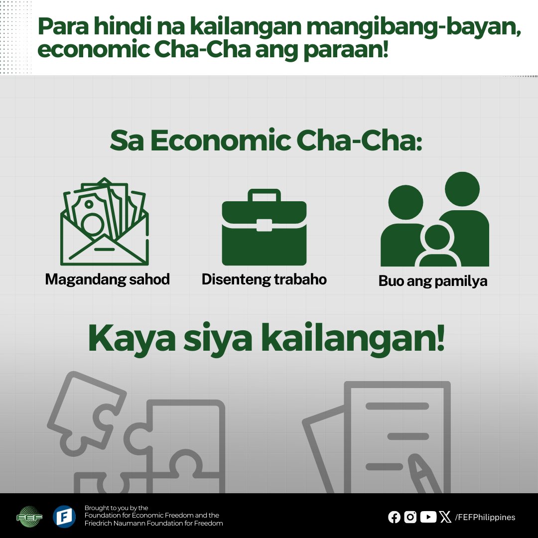 𝗣𝗮𝗿𝗮 𝗺𝗮𝗸𝗮𝘂𝘄𝗶 𝗻𝗮 𝗮𝗻𝗴 𝗢𝗙𝗪𝘀!
Basahin ang infographic na ito para malaman kung bakit pwede na makauwi ang OFWs natin dahil sa economic Cha-Cha!

#FEF #charterchange #economics #OFW
