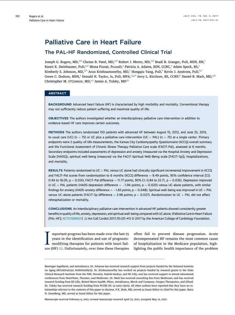 Los ensayos clínicos en #CuidadosPaliativos no son frecuentes, por la dificultad en los tiempos metodológicos. Por eso este artículo de 2017, es una fortaleza en nuestra asistencia a pacientes paliativos con #InsuficienciaCardíaca avanzada 🧵Iniciamos hilo #SACPAinvestiga 👇