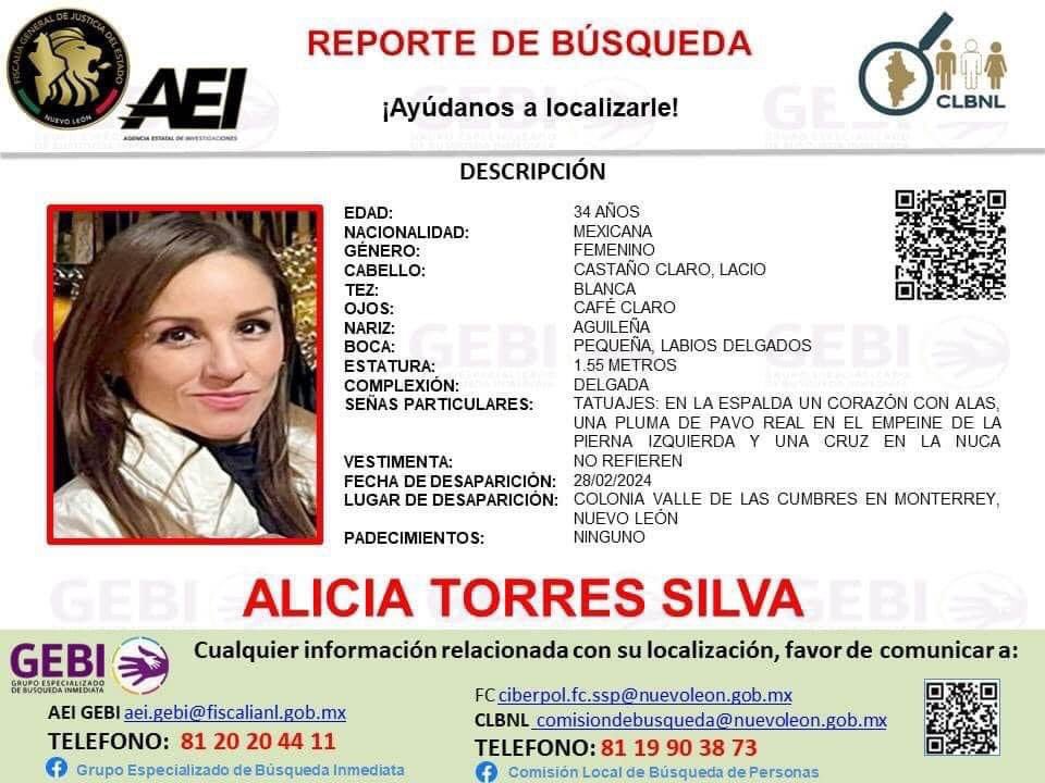 Hola les pido su apoyo para compartir, es familia

Entre más compartamos más rápido la podremos localizar. 

Se solicita su colaboración  para LOCALIZACIÓN de :
🔎ALICIA TORRES SILVA
 
🔔Cualquier información comunicarse 
☎️81 20 20 44 11

Comisión Local de Búsqueda de Personas