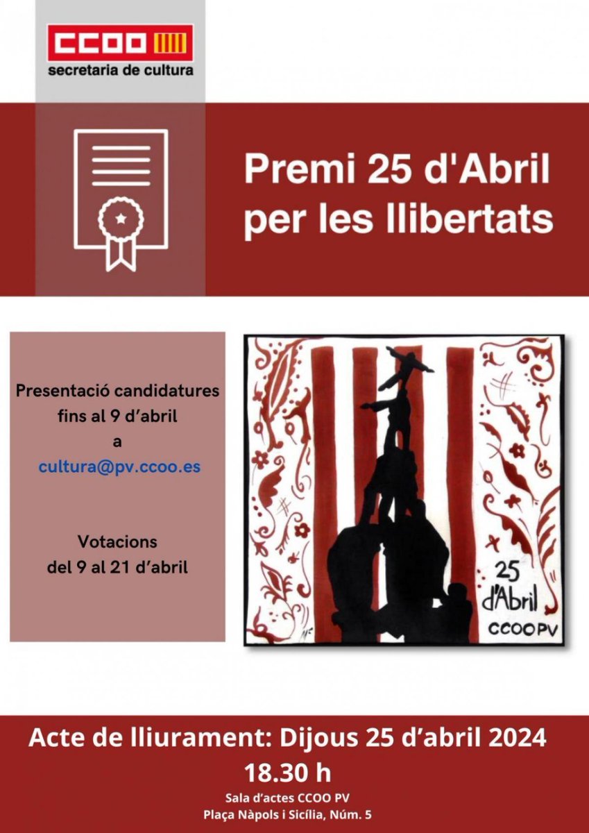 🔻Isa Barrajón (@isa_barrajon) on Twitter photo 🔴 Quin millor dia hui, #25abril per a reconéixer a la família de #GuillemAgulló per la seua lluita antifeixista, a la <a href="/CVONGD/">Coordinadora Valenciana de ONGD</a> per la seua lluita solidària pels drets i contra la pobresa global i a l’artista i docent #CarmeJorques defensora de la nostra llengua i cultura <a href="/ccoopv/">CCOO País Valencià</a> 🔴 Quin millor dia hui, #25abril per a reconéixer a la família de #GuillemAgulló per la seua lluita antifeixista, a la <a href="/CVONGD/">Coordinadora Valenciana de ONGD</a> per la seua lluita solidària pels drets i contra la pobresa global i a l’artista i docent #CarmeJorques defensora de la nostra llengua i cultura <a href="/ccoopv/">CCOO País Valencià</a>