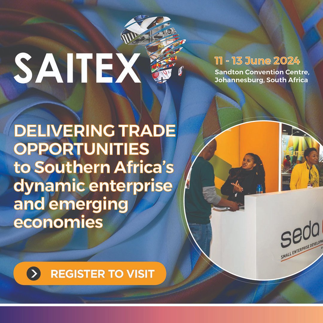 Don't miss out on SAITEX 2024 - the ultimate trade expo for industry leaders!
Connect with top suppliers, network with fellow professionals, and gain valuable insights from FREE educational workshops.
Register now bit.ly/3wJh1aZ

#SAITEXAFRICA #BusinessNetworking