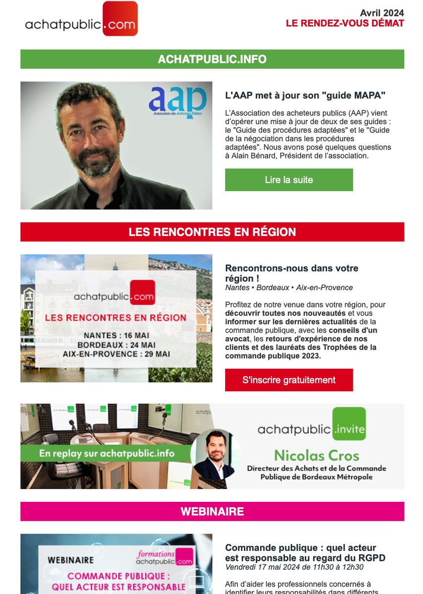 📄 #CommandePublique : La newsletter mensuelle d'achatpublic.com dédiée aux #AcheteursPublics est en ligne ! Au sommaire : L'AAP met à jour son guide #MAPA - [Webinaire] #MarchésPublics : Quel acteur est responsable au regard du #RGPD... achatpublic.com/e-mailing/news…